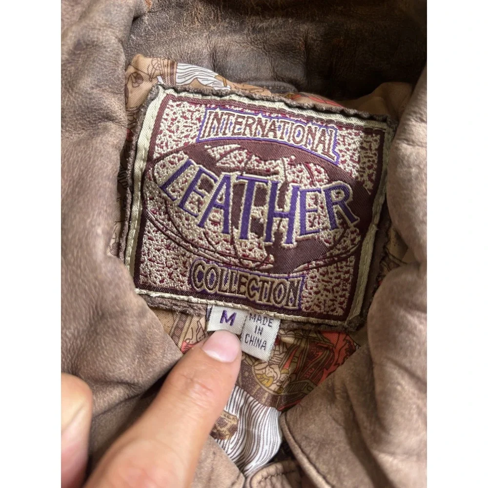 International Leather Collection Men's Brown Bomber Jacket Size M Distressed Zip